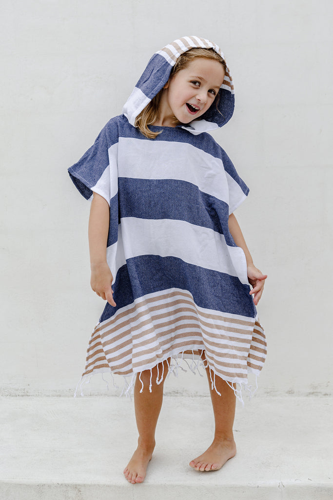 Kids Poncho Towel - Navy and Beige - Miss April Towels