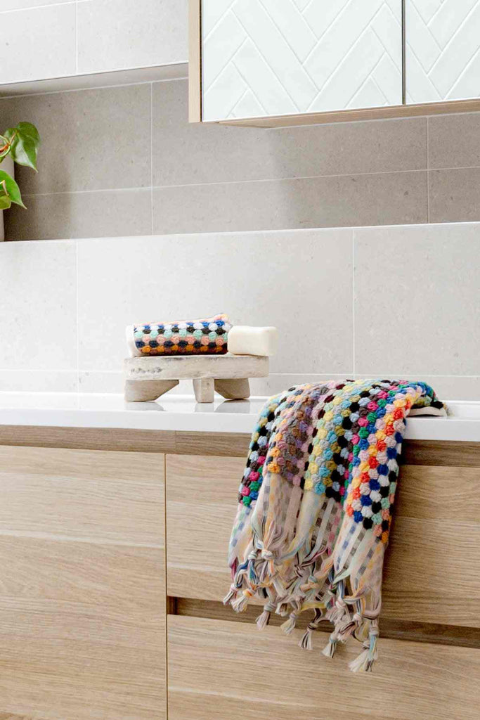 Colourful Candy Pompom Bathroom Set towels with vibrant pompoms