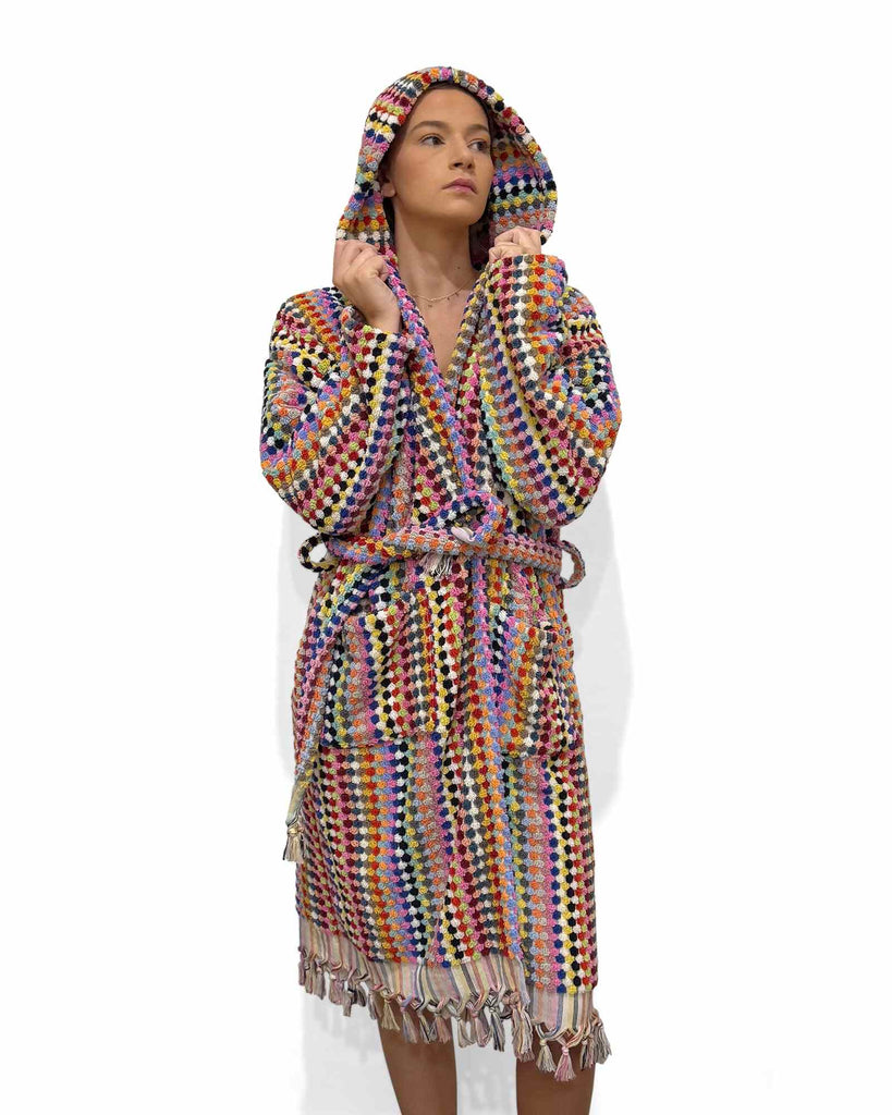 Colorful Candy Pompom Turkish cotton bathrobe with belt