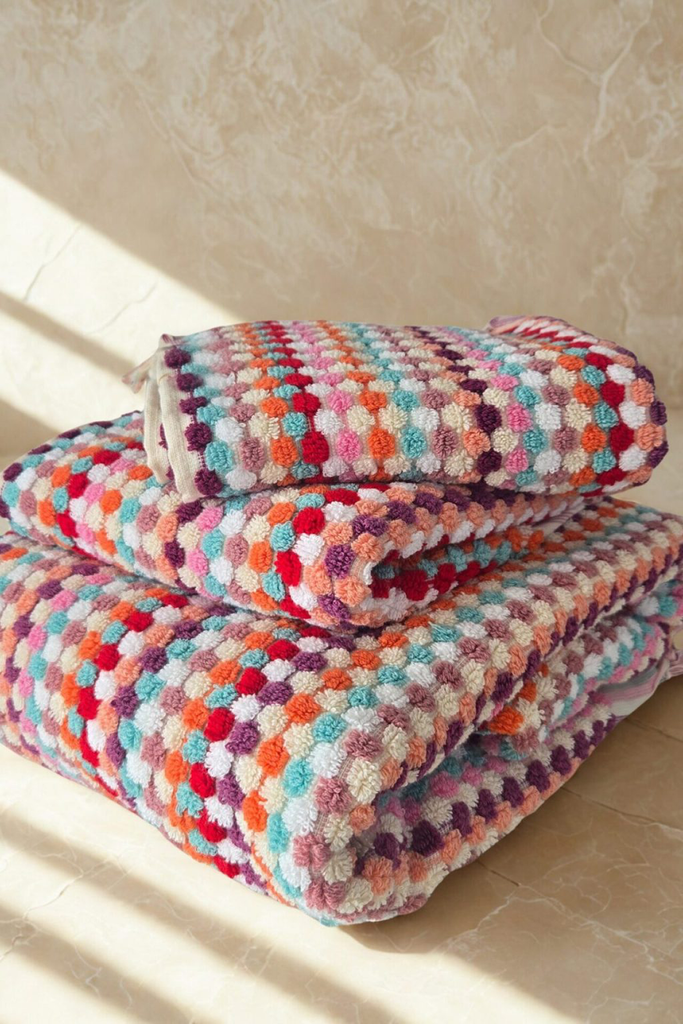 colourful confetti bathroom towel set with tassels