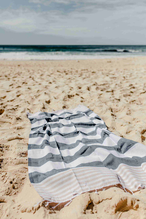 Navy and beige Flamenco Turkish cotton beach towel with tassels