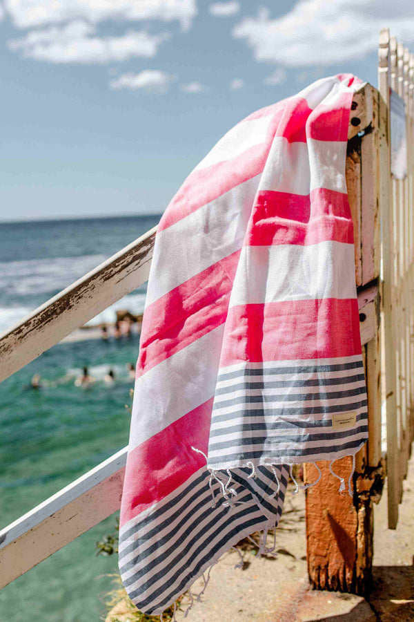 Pink and denim blue flamenco Turkish towel with tassels