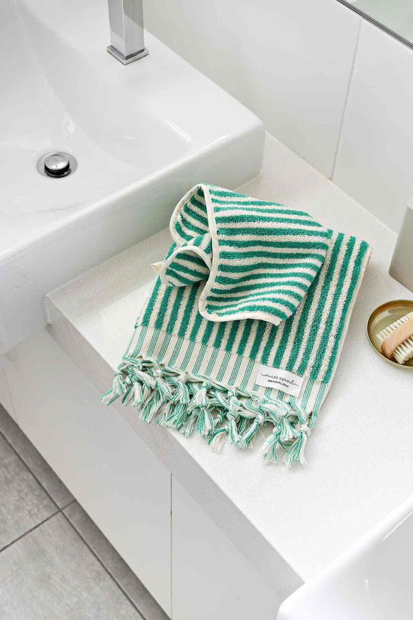 Green and white striped Turkish cotton hand towel