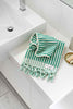 Green and white striped Turkish cotton hand towel