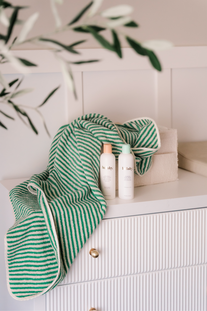 Green stripe hooded baby towel made from Turkish cotton