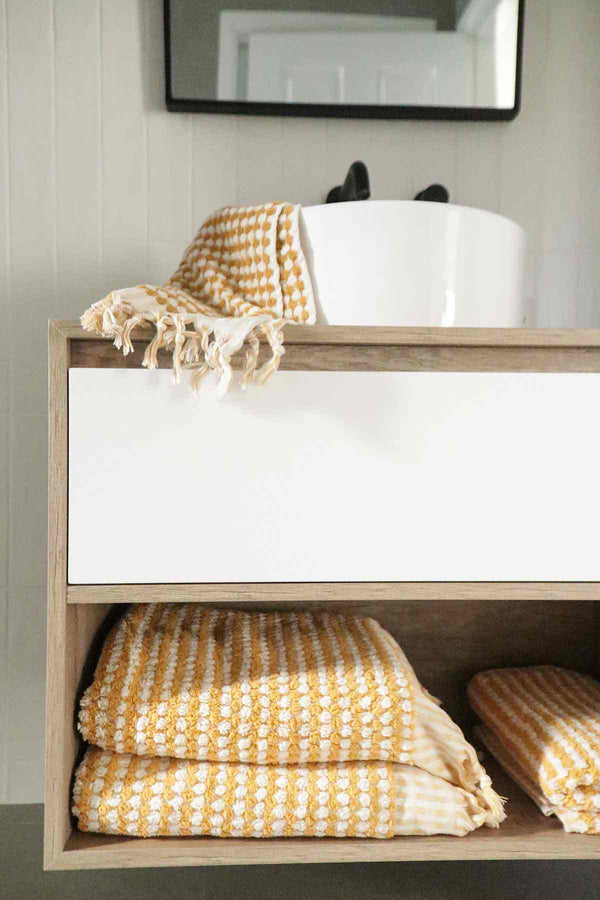 Mustard yellow Turkish cotton bathroom towel set with pompom details
