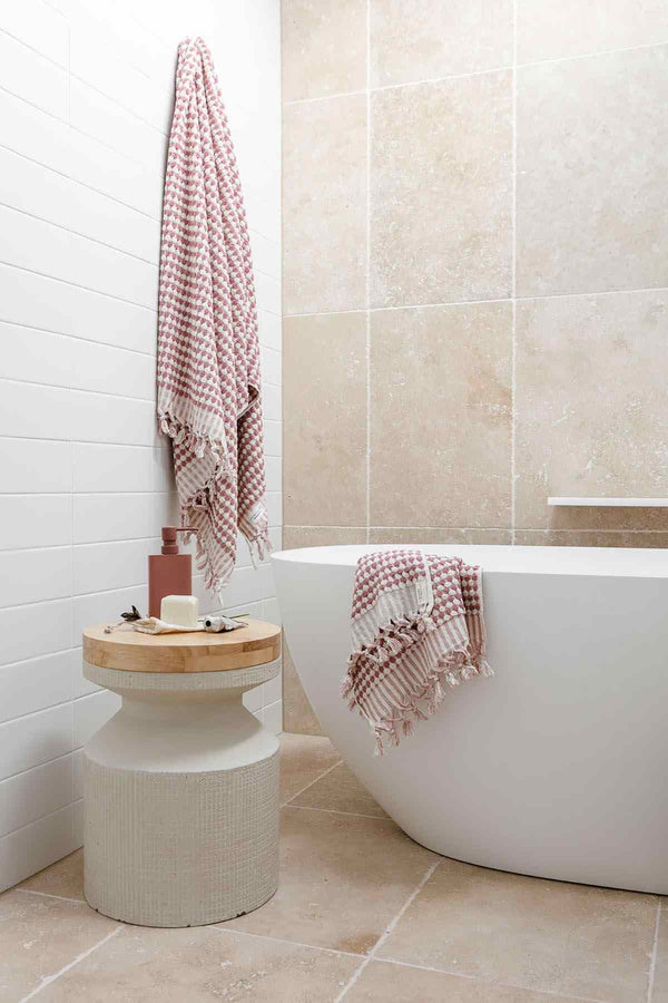 luxury pink Turkish cotton bathroom towel set with pompoms