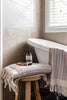 Rose Stripes Bathroom Set with muted rose and cream striped cotton towels, featuring woven texture and tassel fringe