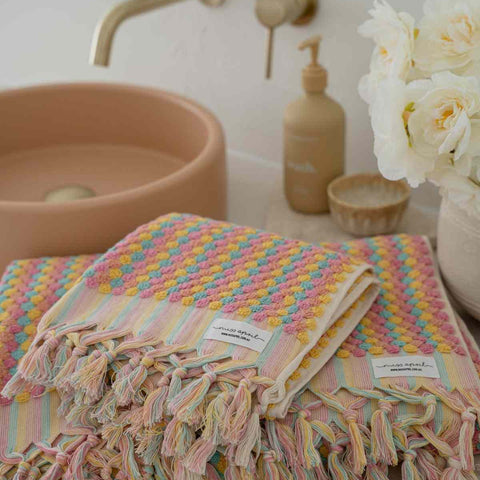 Sorbet Bathroom Set pastel Turkish cotton towels with pompom accents