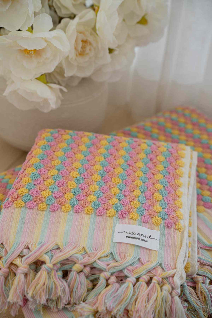 Sorbet Bathroom Set pastel Turkish cotton towels with pompom accents