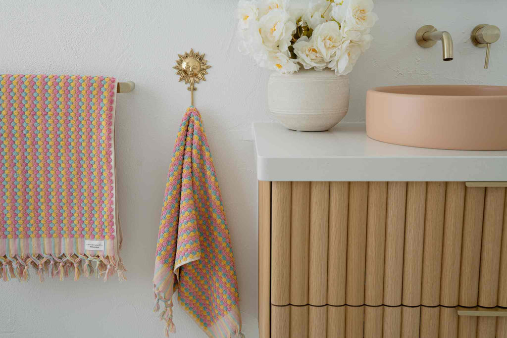 Sorbet Bathroom Set pastel Turkish cotton towels with pompoms