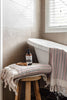 Turkish Cotton Bath Towel in pale rose pink and grey stripes, woven cotton with fringed tassel edges