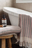 Turkish Cotton Hand Towel in pink and grey striped cotton with textured weave and hand-tied tassels