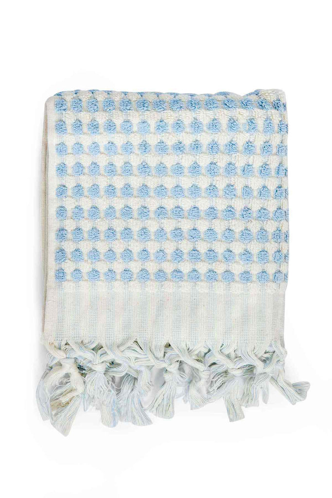 Pale blue Turkish cotton hand towel with white pompoms