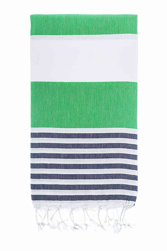 Apple green navy striped flamenco Turkish towel with fringes