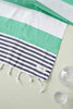 Apple green and navy striped Flamenco Turkish towel with fringe tassels