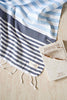 Light blue and navy striped Flamenco Turkish towel with tassels