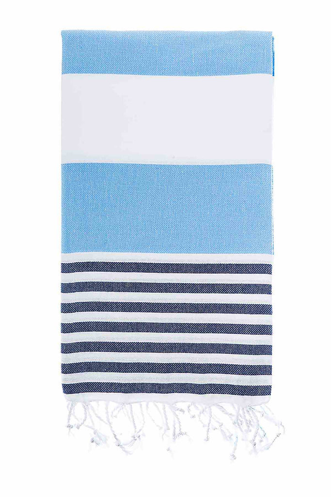 Light blue and navy striped Flamenco Turkish towel with tassels