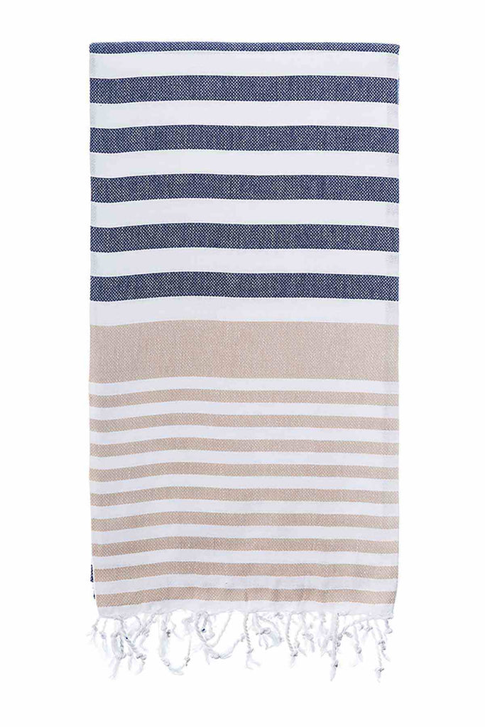 Navy and beige Flamenco Turkish cotton towel with stripes and tassels