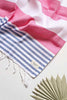 Pink and denim blue striped Flamenco Turkish towel with tassels