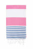 Flamenco Turkish towel in pink and denim blue stripes with tassels