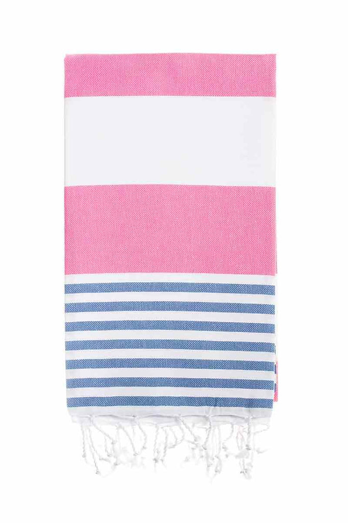 Flamenco Turkish towel in pink and denim blue stripes with tassels