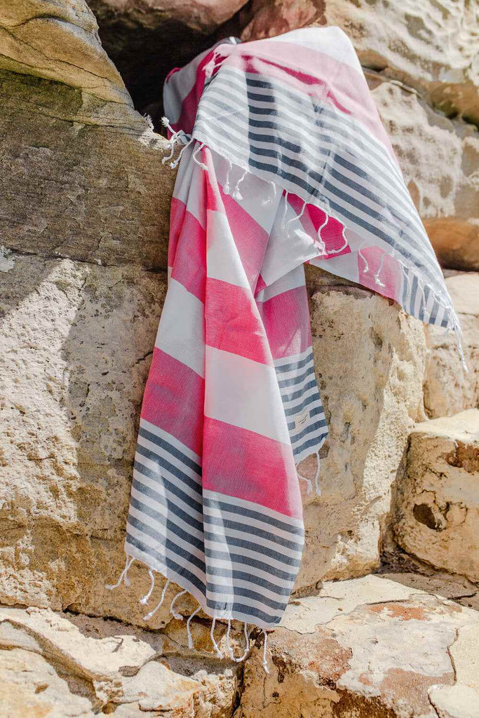 Flamenco Turkish towel pink denim blue striped cotton beach towel with fringes