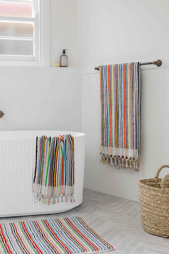 Multicolour vivid lines Turkish cotton bathroom set with bath sheets, mat, and towel