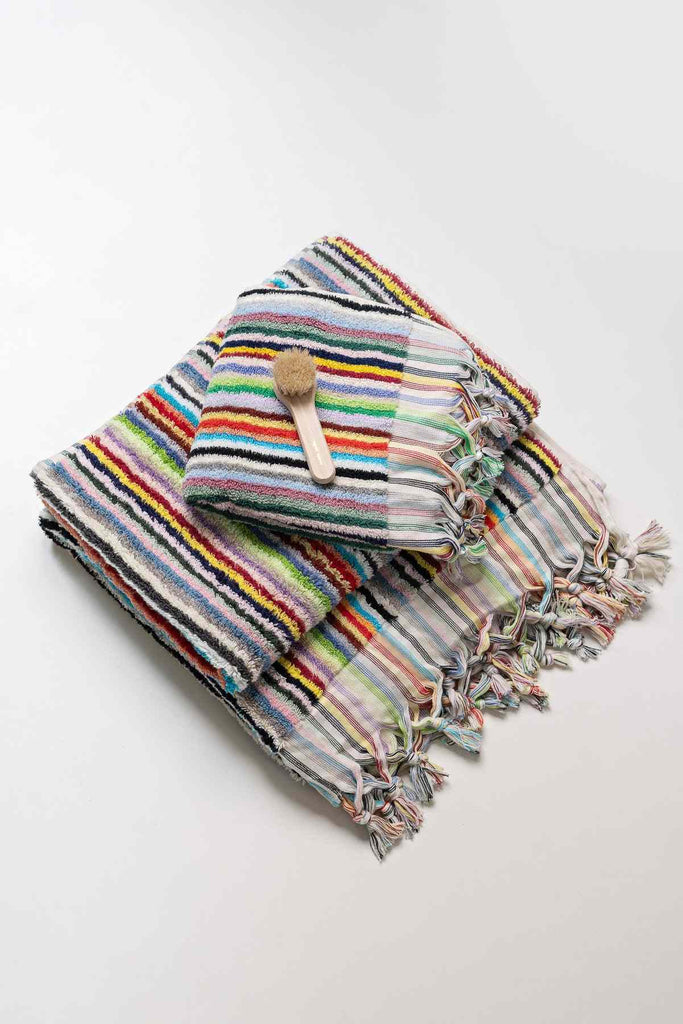 Multicolour vivid lines bathroom set with striped Turkish cotton towels and hand-tied tassels