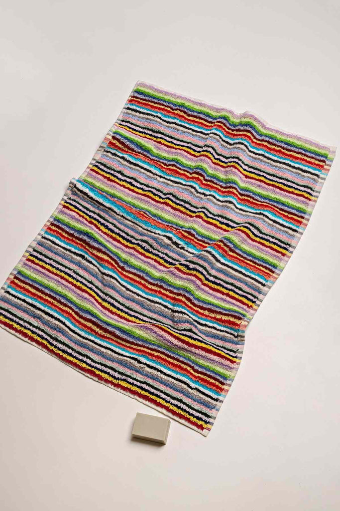 Multicolour vivid lines striped Turkish cotton bathroom towel with soap bar