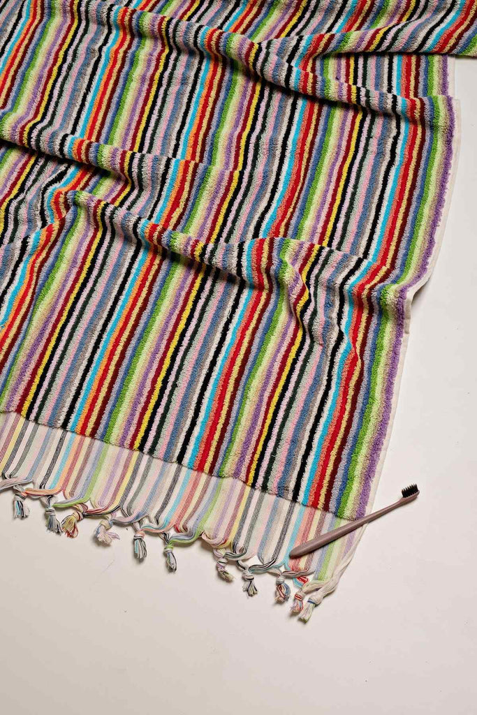 Multicolour vivid lines Turkish cotton bathroom towel with hand-tied tassels