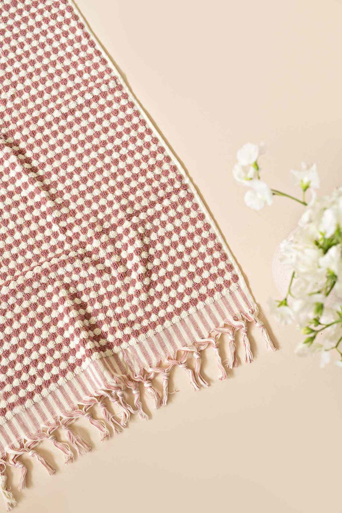 luxury pink Turkish cotton bathroom towel with pompoms