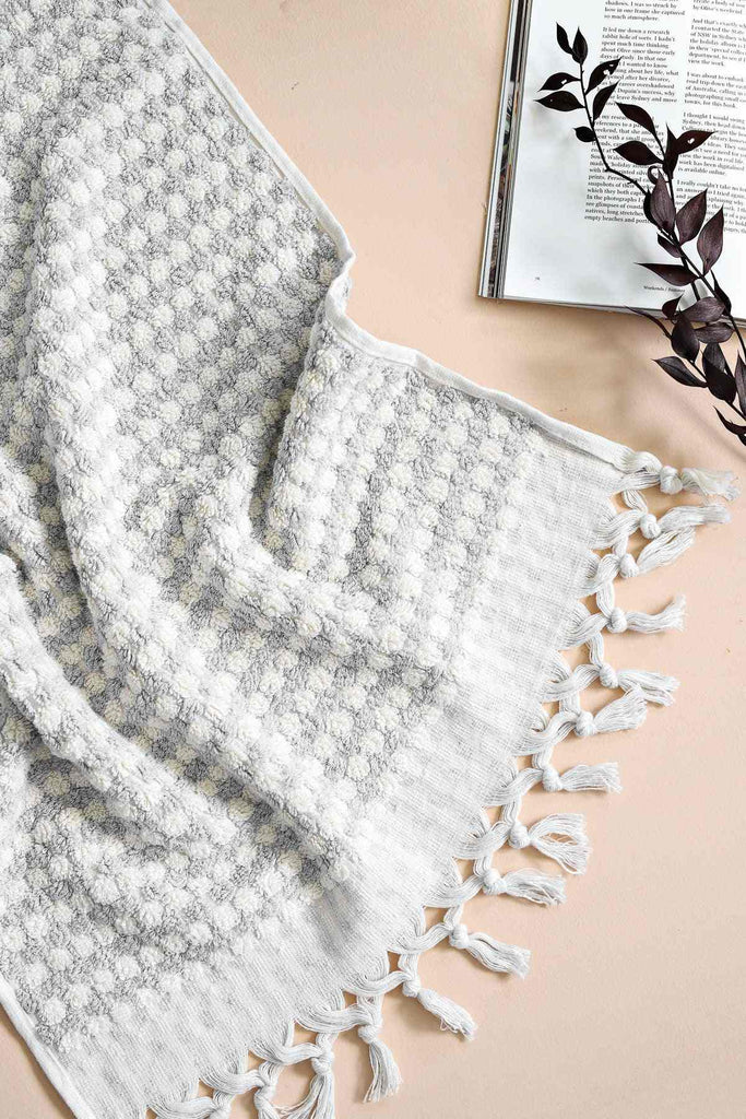 Pale grey pompom Turkish cotton bath sheet with tassels