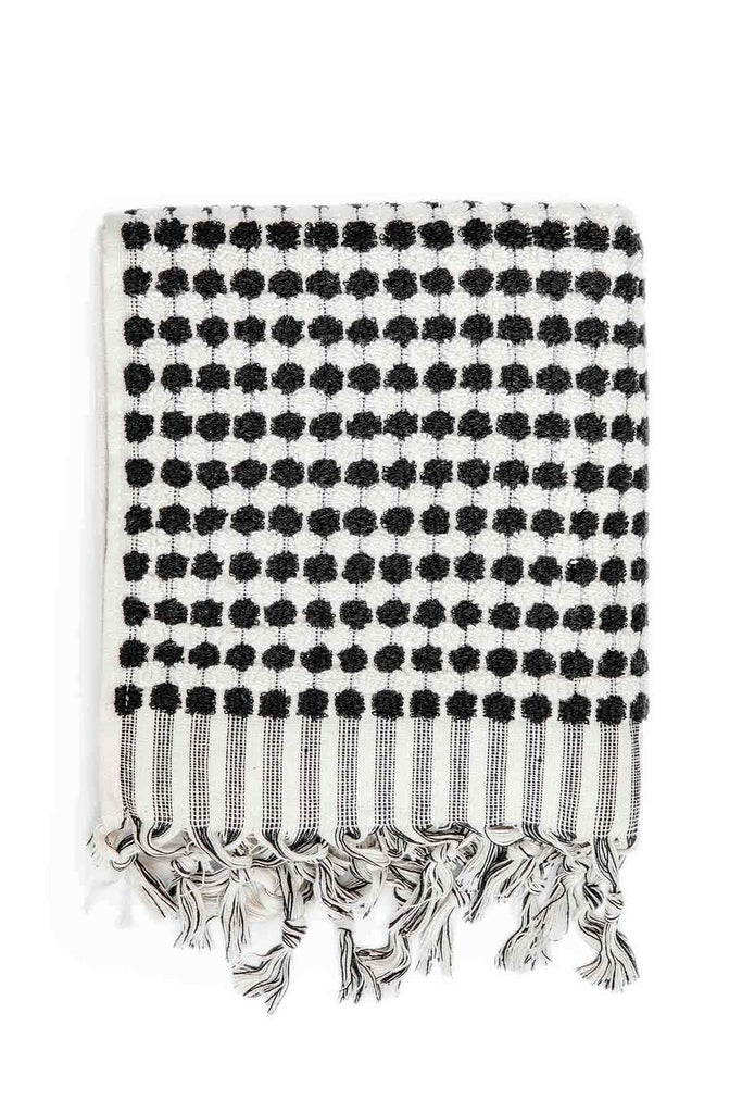 Black and white pompom Turkish cotton hand towel with hand-twisted tassels