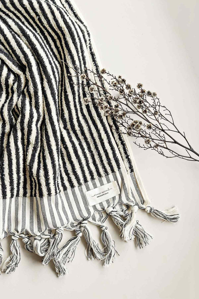 Black and white striped Turkish cotton bath sheet Albatross with tassels